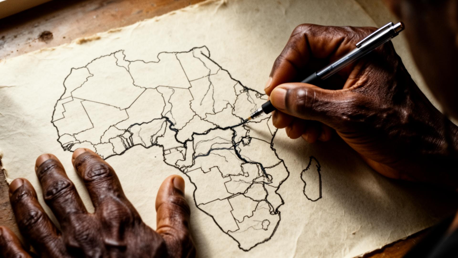 A pair of weathered hands drawing a map of Africa onto aged paper by hand.
